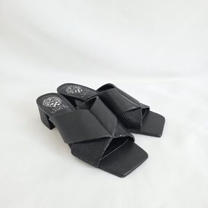 Vince Camuto Seedanta Leather Block Heel Black Slide Sandals